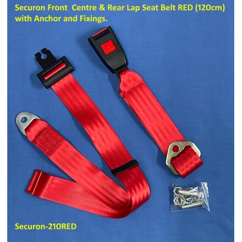 Securon Front Centre & Rear Lap Seat Belt RED (120cm) with Anchor and Fixings. Securon-210RED Securon Front Centre & Rear Lap Seat Belt RED (120cm) with Anchor and Fixings. Securon-210RED