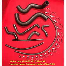 Water Hose Kit MGB V8   9 Piece Kit  - Includes Heater Hoses and Jubilee Clips CHK8