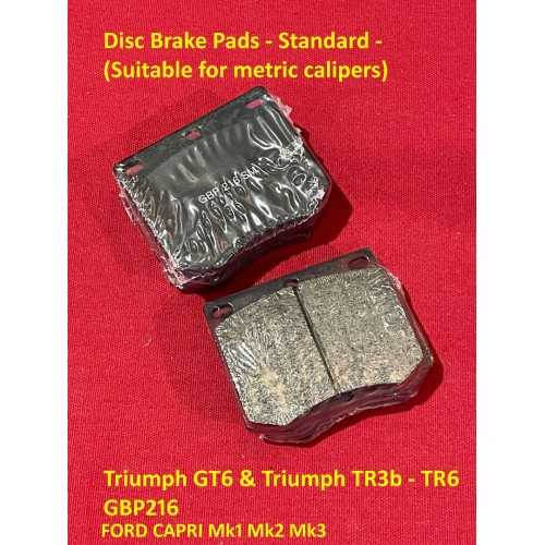 Disc Brake Pads - Standard - (Suitable for metric calipers) Ford & Triumph GT6 Triumph TR3b - TR6 Rolls Royce GBP216 Disc Brake Pads - Standard - (Suitable for metric calipers) Ford & Triumph GT6 Triumph TR3b - TR6 Rolls Royce GBP216